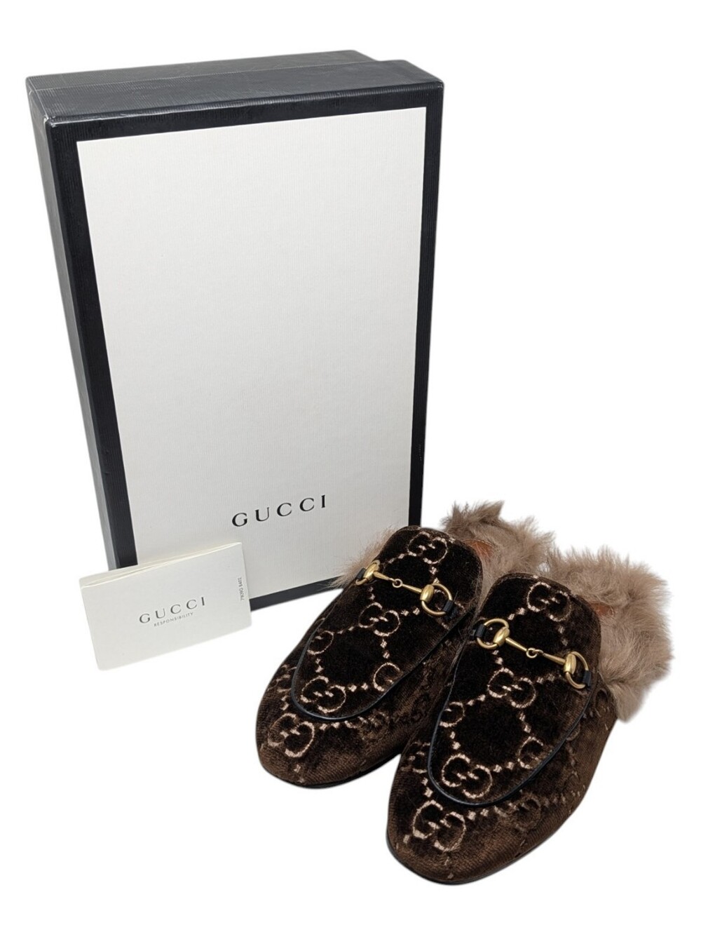 Gucci Velvet Brown Monogram Fur Lined Horsebit Princetown Mule Loafer Size EU 38